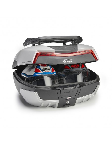 MALETA GIVI V58 MAXIA5 NEGRA CON CATADIOPTRICO ROJO Y CUATRO COVER PINTADAS EN COLOR ALUMINIO